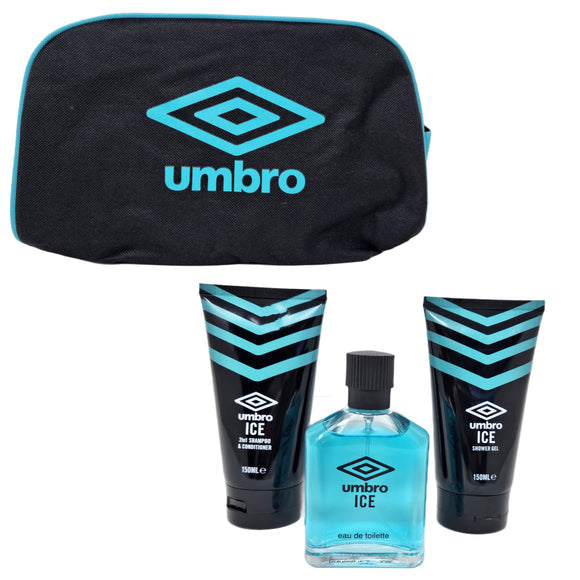 Umbro Ice Gift Set 75ml EDT + 150ml Shampoo & Conditioner + 150ml Shower Gel + Toiletry Bag